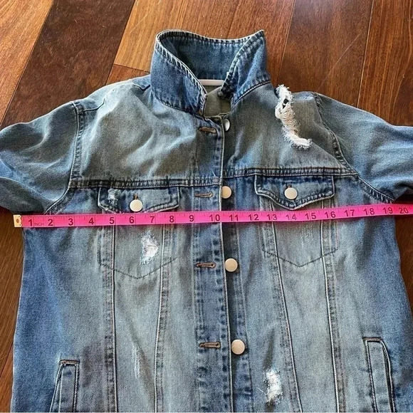 Hand Painted Blue Planet Jean Jacket Distressed Denim Outerwear One of a Kind - Picture 10 of 11
